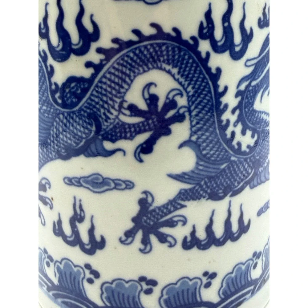 Vintage Blue White Porcelain Dragon Brush Pot Bitong Chinese Character Mark 5.5